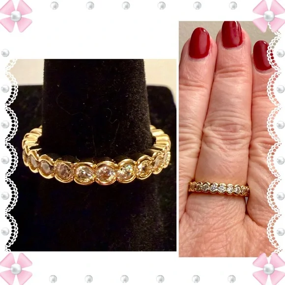 Ring - sz 8 - gold tone band with clear crystals - new! Dainty - classic. BOGO - Picture 1 of 10